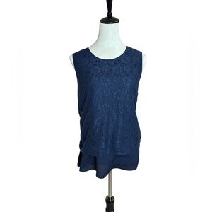 Womens Karl Lagerfeld Sleeveless Navy Lace Top Blouse Back Zip L